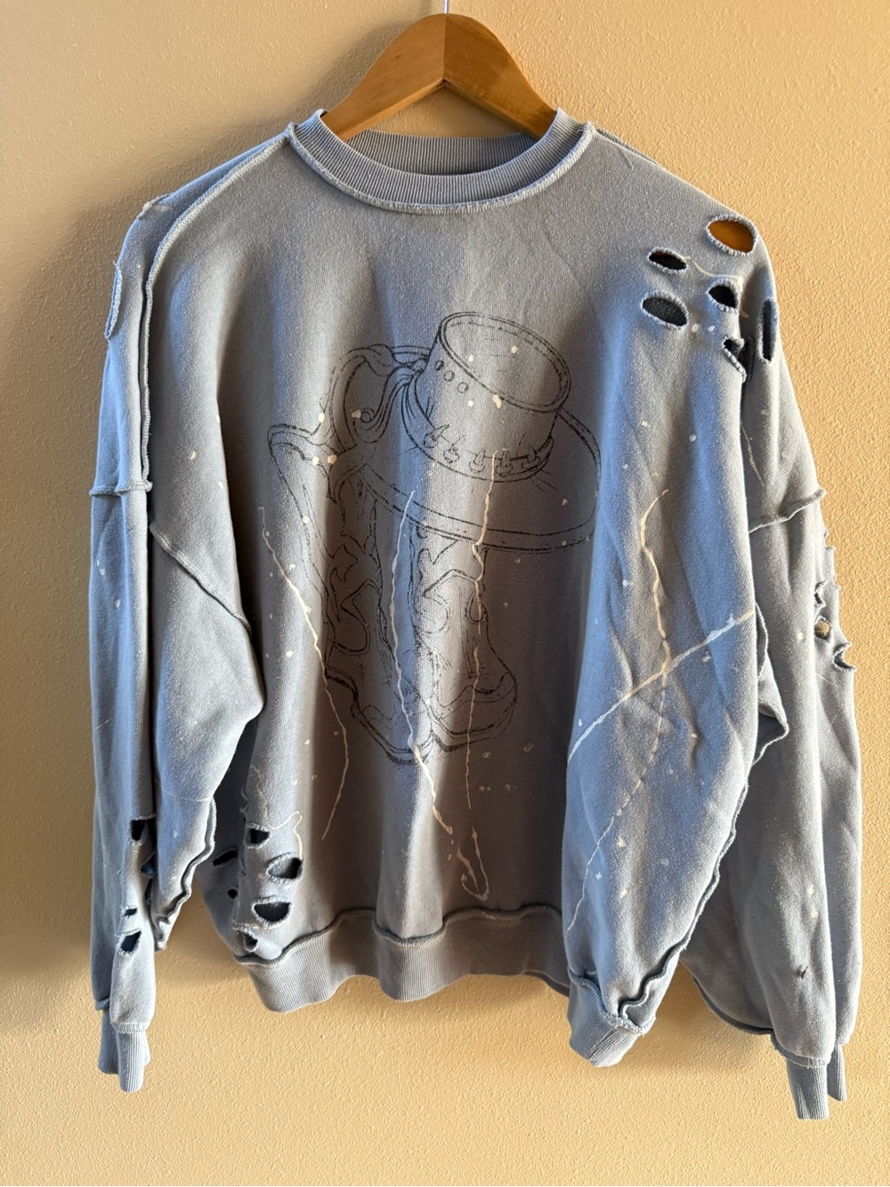 Washed Light Blue Distressed Crewneck Sweater - Women